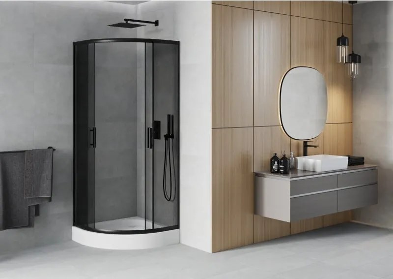 Mexen Rio polkruhový sprchovací kút 80 x 80 cm, grafitový, čierny + vanička, biela - 863-080-080-70-40-4710