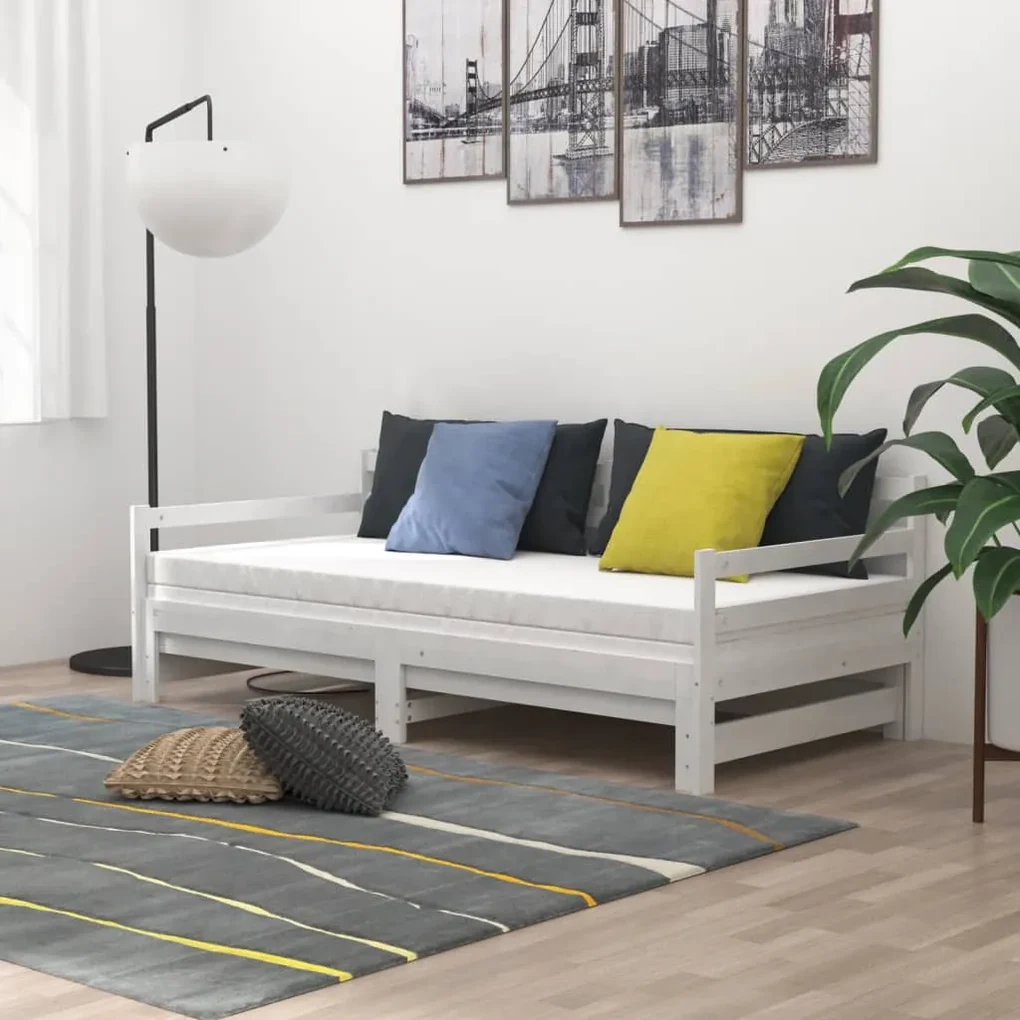 Rozkladacia denná posteľ 2x(90x200) cm, biela, borovicový masív