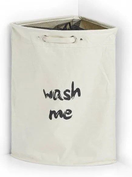 Textilný rohový kôš na špinavú bielizeň, uzatvárateľný, 50 l, krémový s nápisom WASH ME
