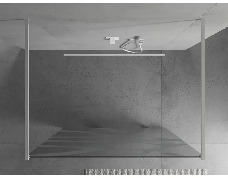 Mexen Kioto, priechodná sprchová zástena 120 x 200 cm, 8mm sklo číre/biely vzor, 2x biela stabilizačná rozpera, 800-120-002-20-97