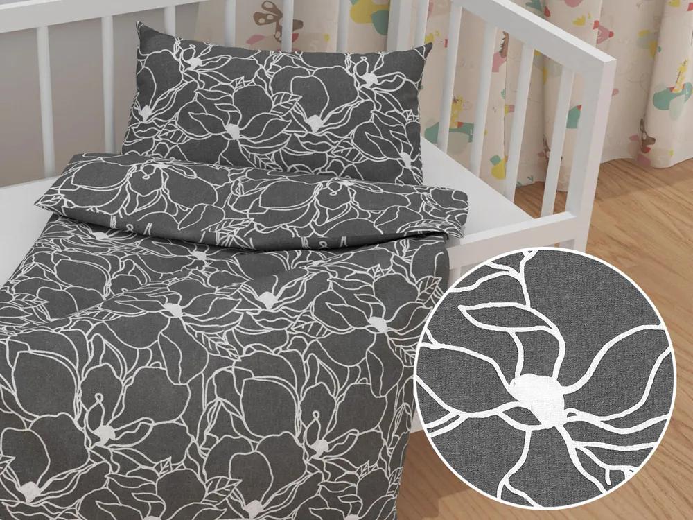 Biante Detské bavlnené posteľné obliečky do postieľky Sandra SA-269 Biele designové kvety na sivom Do postieľky 90x140 a 40x60 cm