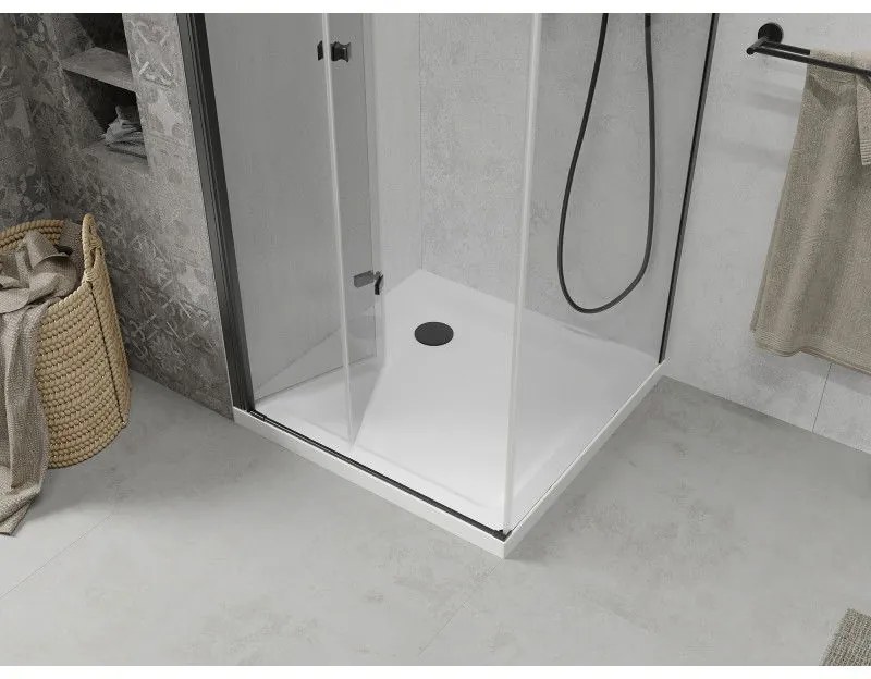 Mexen Lima, sprchovací kút so skladacími dverami 70 (dvere) x 70 (stena) cm, 6mm číre sklo, čierny profil + slim sprchová vanička biela s čiernym sifónom, 856-070-070-70-00-4010B