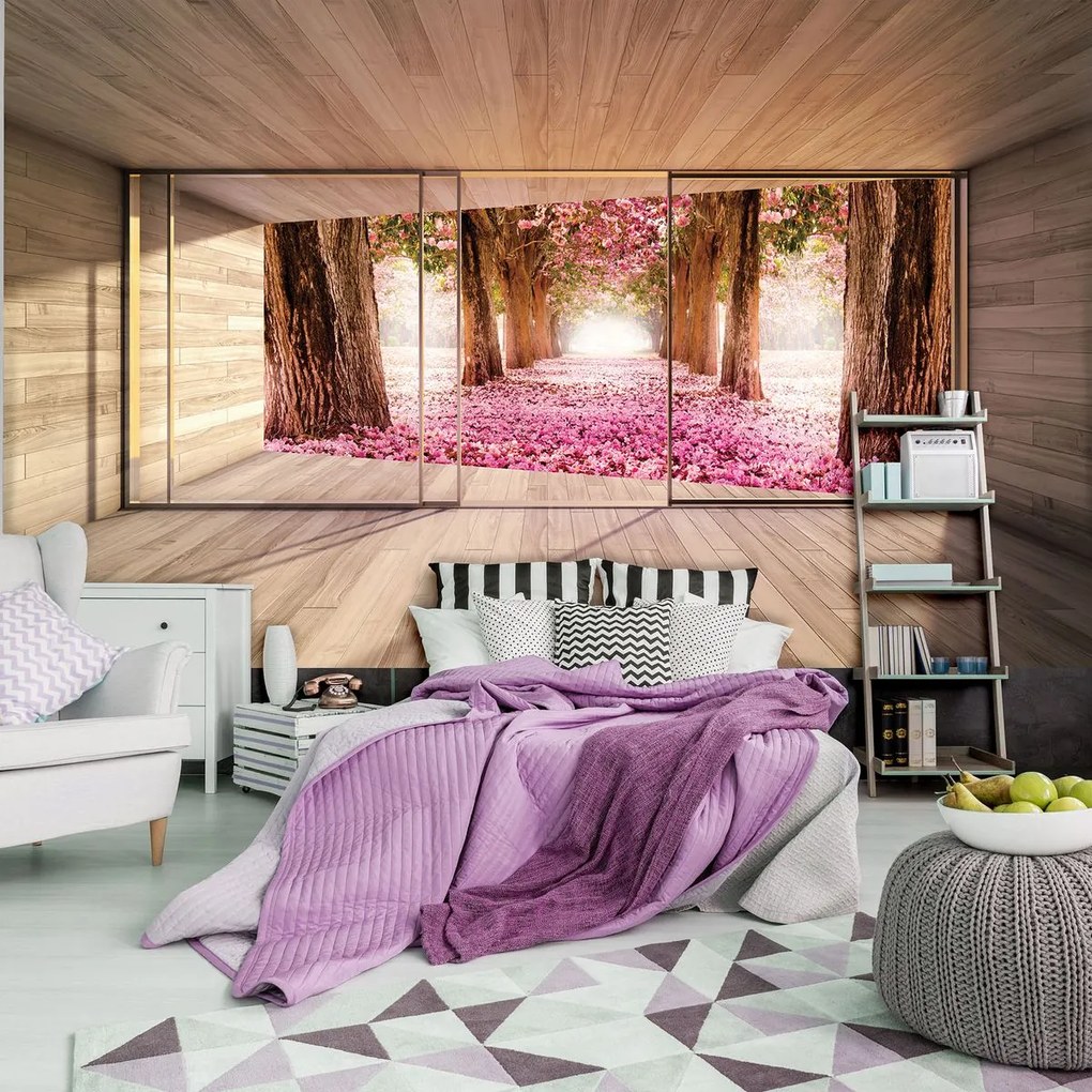 Fototapeta - Výhľad na terasu s kvetinovými uličkami (152,5x104 cm)