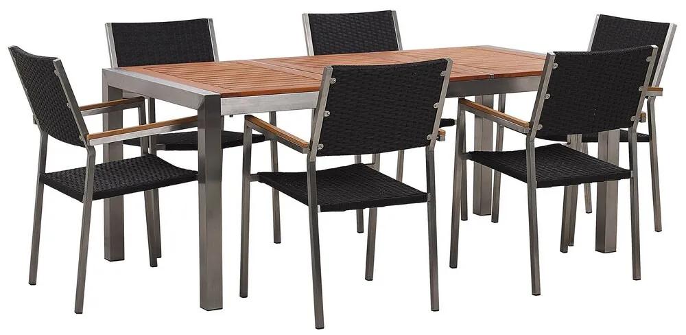 Záhradná súprava drevený eukalyptový stôl a 6 stoličiek čierne ratanové GROSSETO Beliani