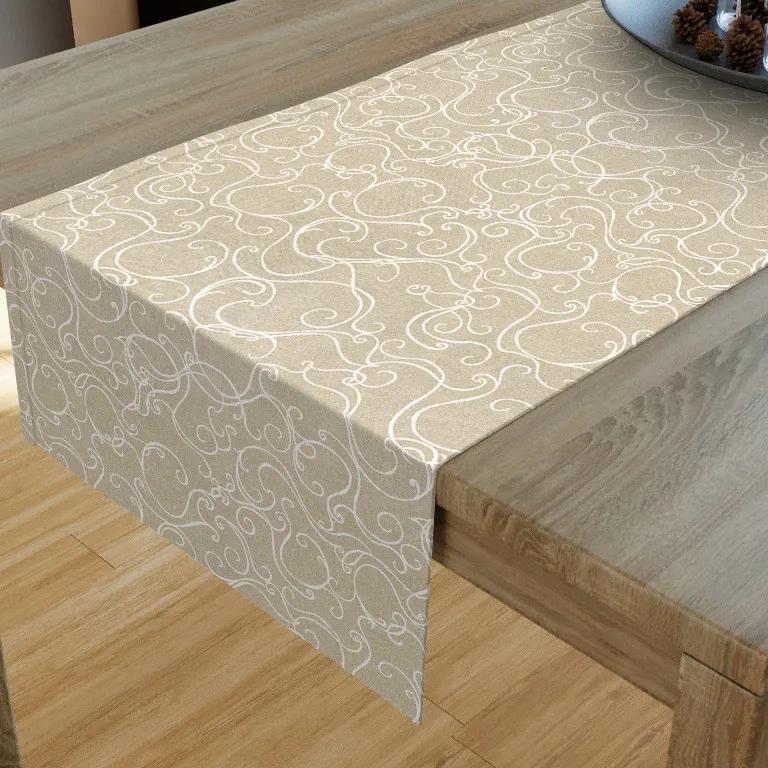 Goldea dekoračný behúň na stôl loneta - vzor biele ornamenty na režnom 35x180 cm