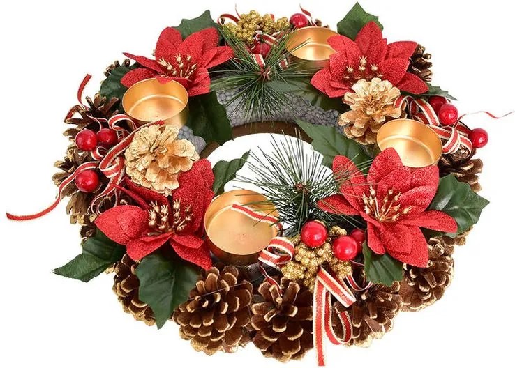 Adventný šiškový veniec POINSETTIA s mašľou 30 cm
