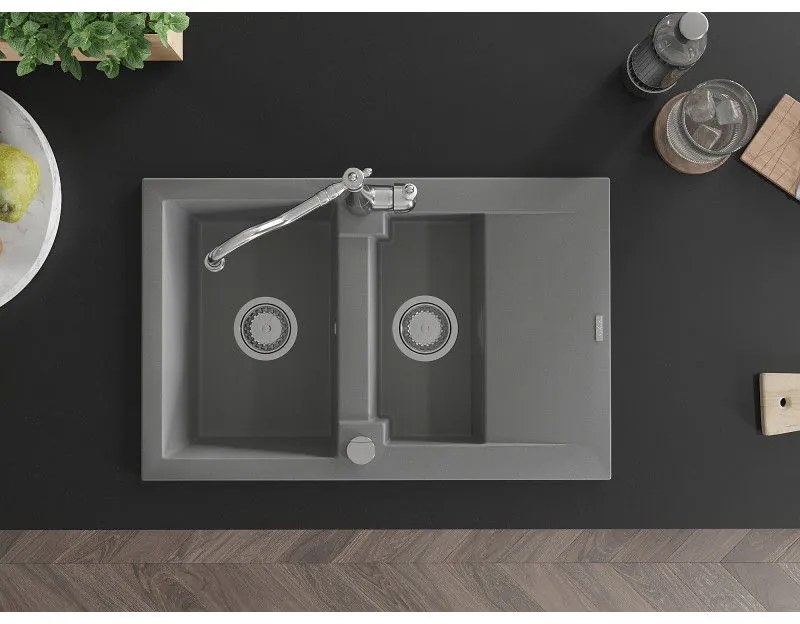 Mexen Gaspar, granitový drez 752x436x161 mm, 1,5-komorový a drezová batéria Carla, šedá, 6507-71-670700-00