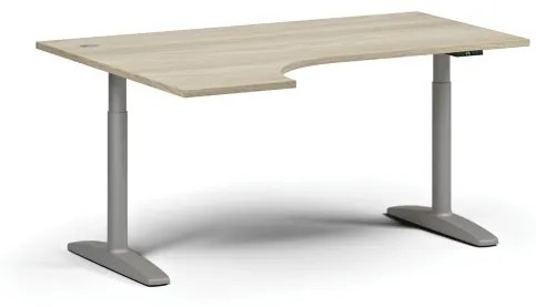 Výškovo nastaviteľný stôl OBOL, elektrický, 675-1325 mm, rohový ľavý, doska 1600x1200 mm, sivá zaoblená podnož, dub prírodný