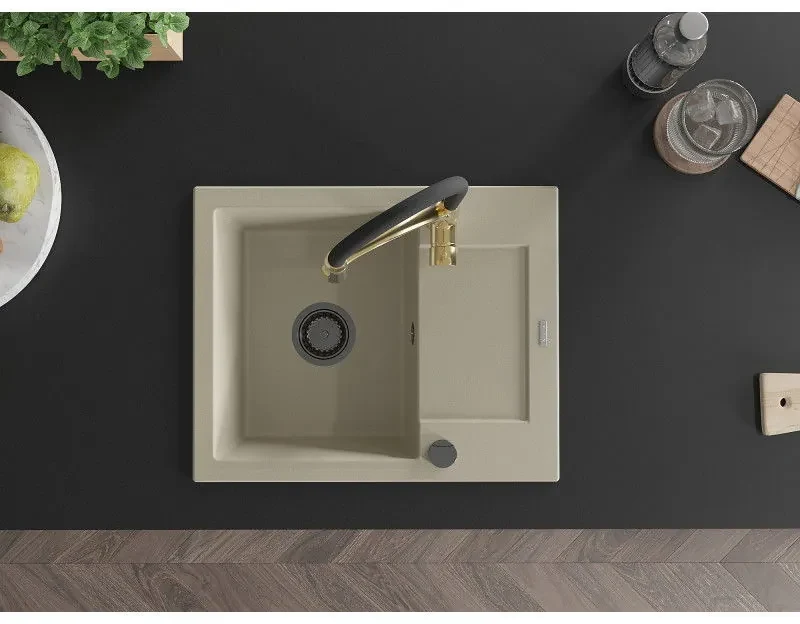 Mexen Enzo, 1-komorový granitový drez 576x465x174 mm a drezová batéria Aster, béžová, 6506-69-73450-57-B