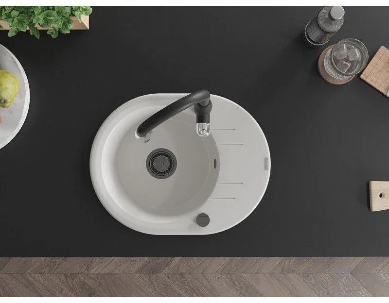 Mexen Kevin, granitový drez 586x458x190 mm, 1-komorový a drezová batéria Savita, biela, 6517-20-672601-70