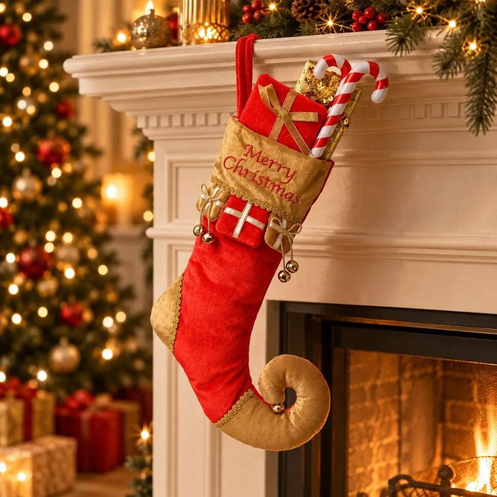 Vianočná dekorácia závesná elfí topánka s darčekmi Merry Christmas - 24*7*46 cm
