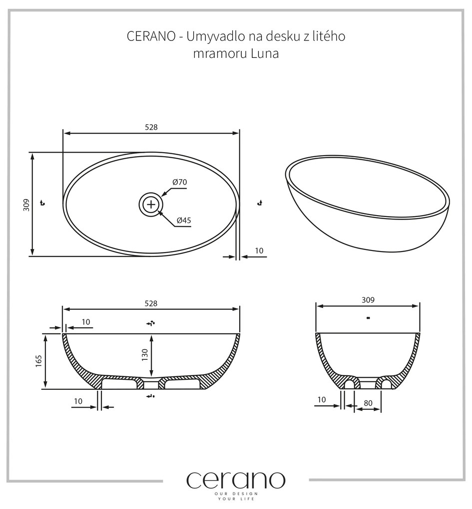 Cerano Luna, umývadlo na dosku z liateho mramoru 528x309x165 mm, biela matná, CER-CER-WB19