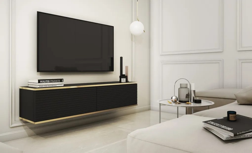 Závesná TV skrinka Orfeo, 135 cm, čierna štruktúra / zlatá