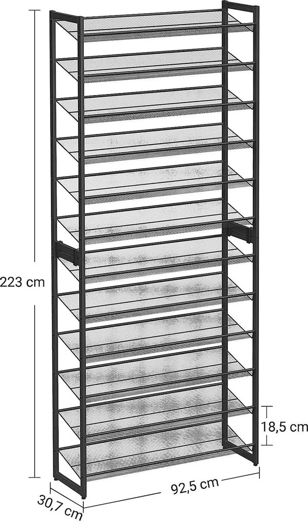 Botník, 12-policový stojan na topánky, pre 48-60 párov topánok, čierny