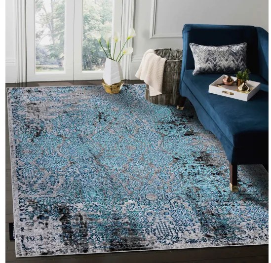 Moderný koberec DE LUXE 2081 ornament vintage - Štrukturálny modro / sivý