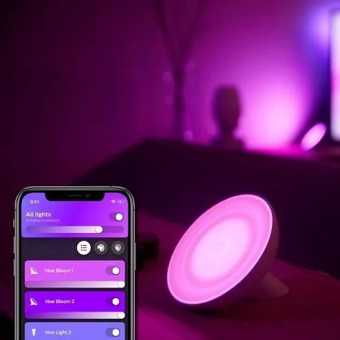 PHILIPS HUE Stolová múdra LED stmievateľná lampa HUE BLOOM s funkciou RGB, 7,1 W, teplá biela-studená biela, bie