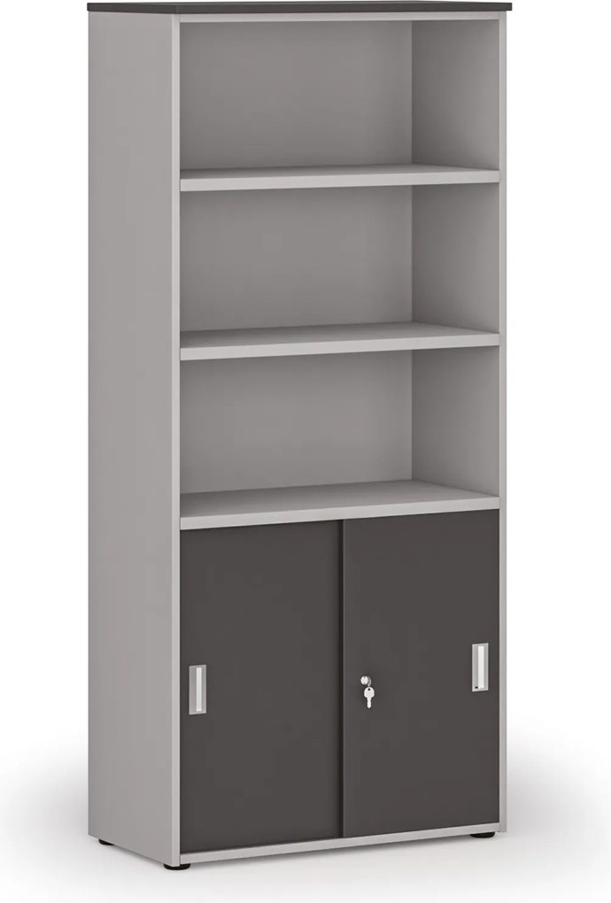 Kombinovaná kancelárska skriňa PRIMO GRAY, zasúvacie dvere na 2 poschodia, 800 x 420 x 1781 mm, sivá/grafit