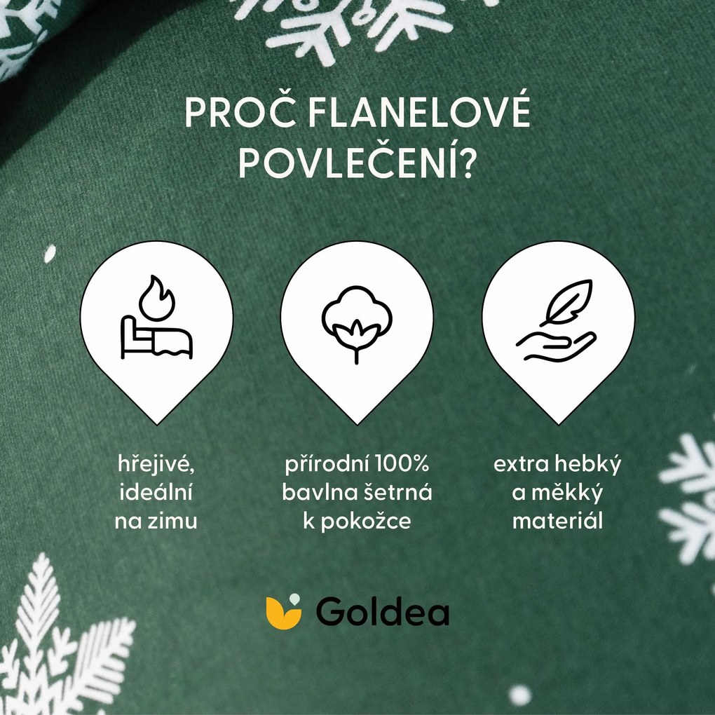 Goldea vianočné flanelové posteľné obliečky - snehové vločky na zelenej 140 x 200 a 70 x 90 cm