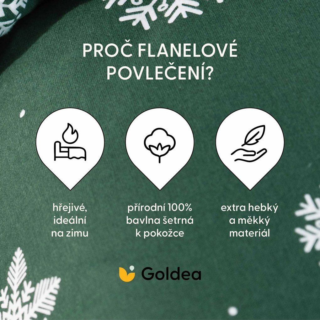 Goldea vianočné flanelové posteľné obliečky - snehové vločky na zelenej 150 x 200 a 50 x 60 cm