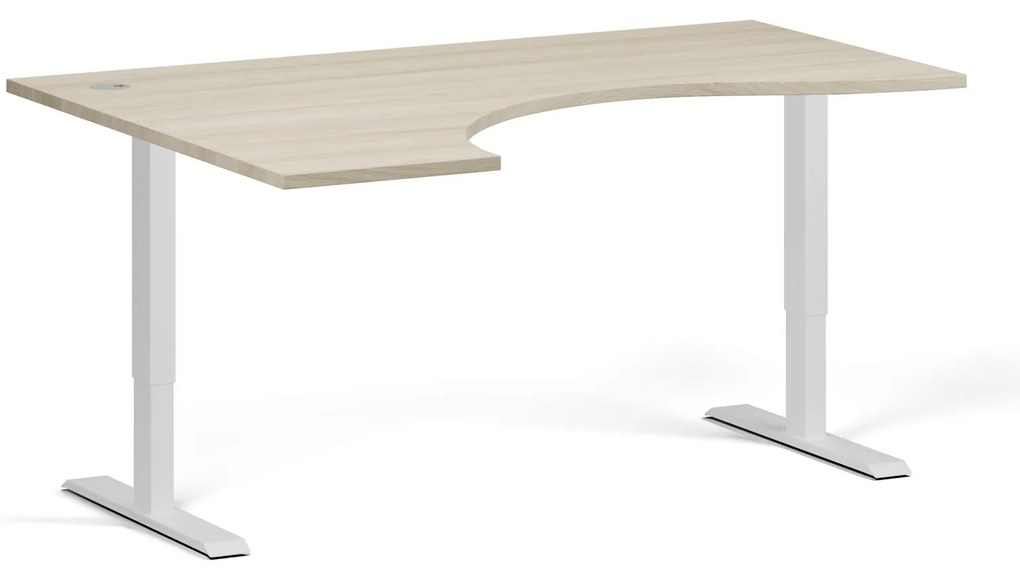 Ergonomický výškovo nastaviteľný stôl, 160x120 cm, 2 motory, L/P, biela podnož, dub prírodný