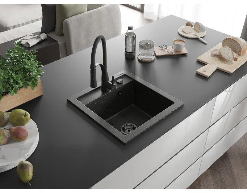 Mexen Vito, 1-komorový granitový drez 490x520x210 mm a drezová batéria Aster, čierna-zlatá metalíza, 6503-75-73450-70-B