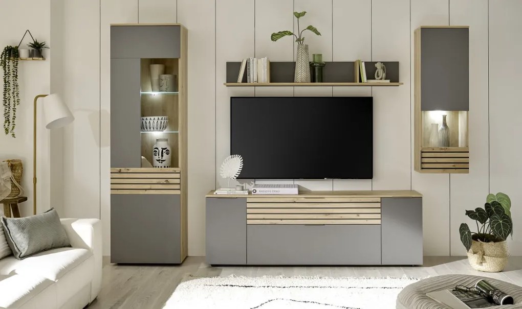 Obývacia stena Milan, dub artisan/sivá, s osvetlením