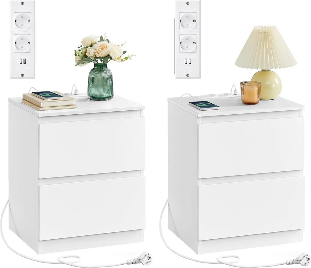 Nočná skrinka s integrovanou zásuvkou, 2 ks set, oblá biela