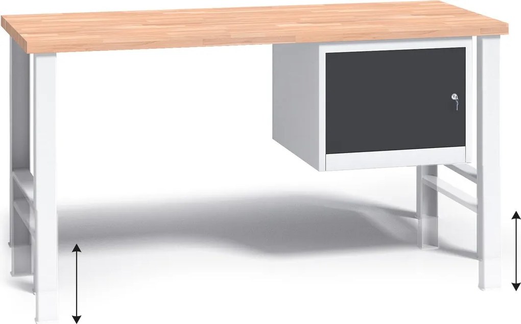 Výškovo nastaviteľný pracovný stôl do dielne G3 so závesnou skrinkou na náradie, buková škárovka, 1500 x 685 x 840 - 1050 mm, grafit