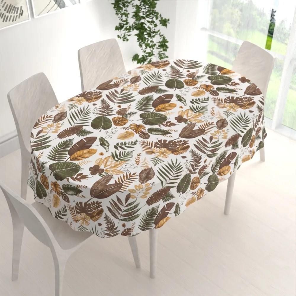 Biante Bavlnený oválny obrus Sandra SA-540 Hnedo-zelené listy na bielom 140x220 cm