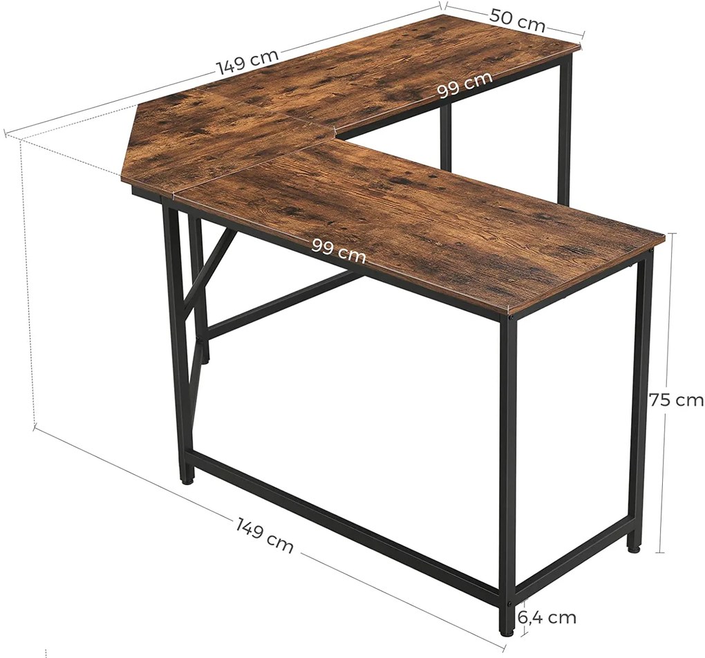 VASAGLE Rohový PC stôl industriálny 149 x 75 x 149 cm