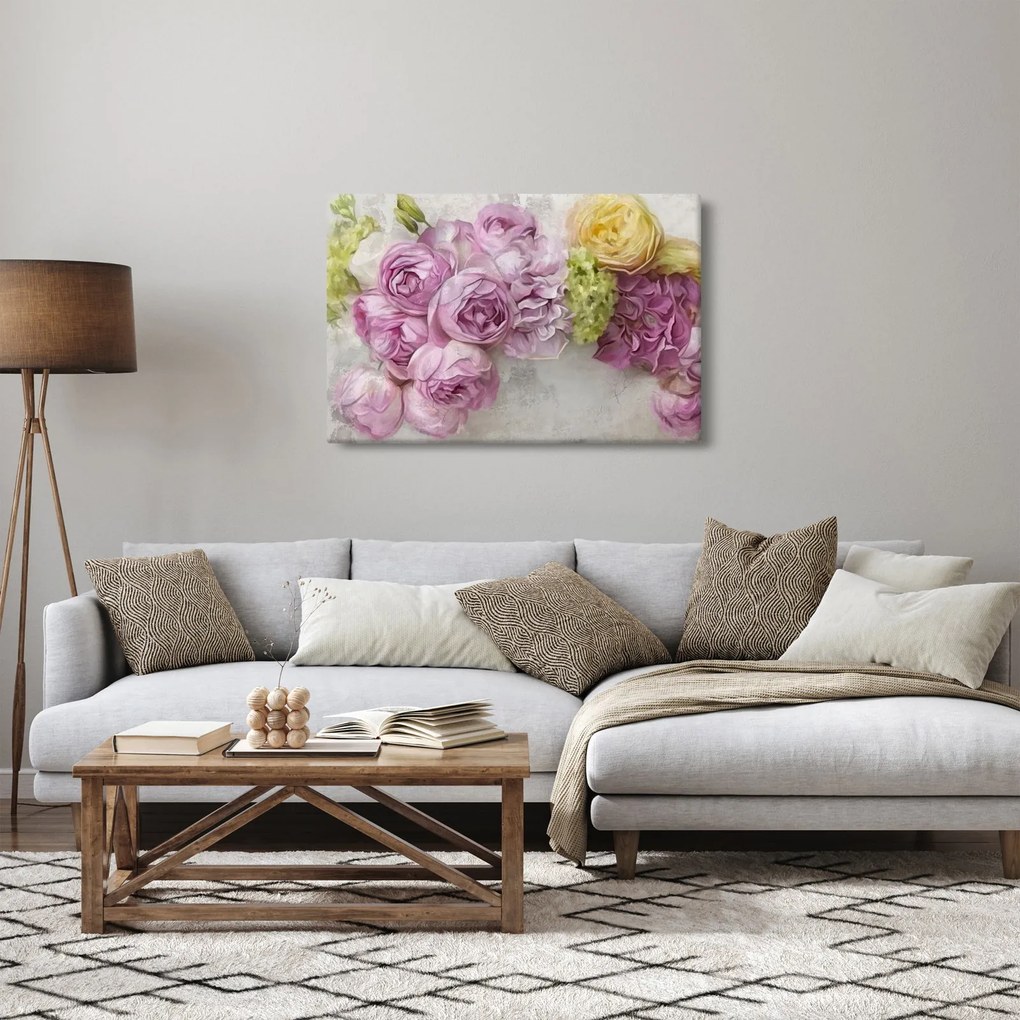 Obraz - Kvety na stene v pastelových farbách (90x60 cm)