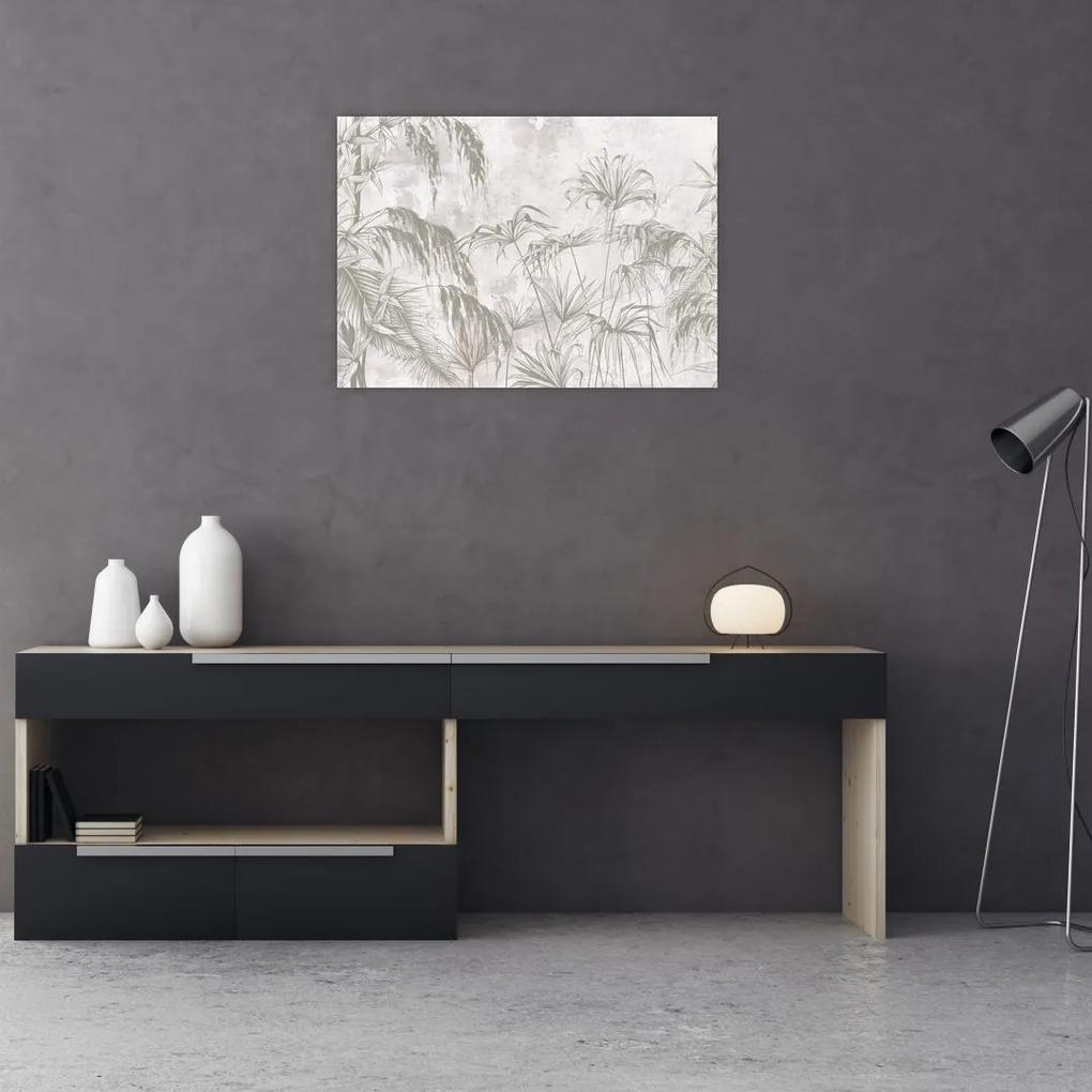 Obraz - Tropické rastliny na stene v šedej (70x50 cm)