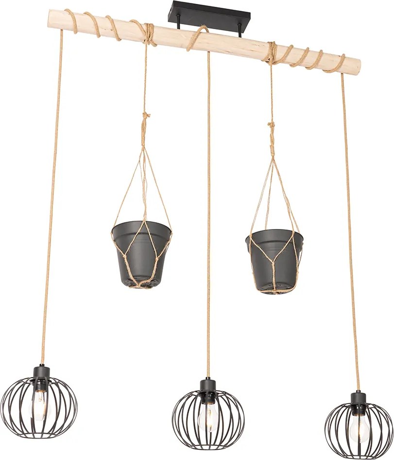 Rustikálne závesné svietidlo čierne s drevom 3-svetlo - Yura