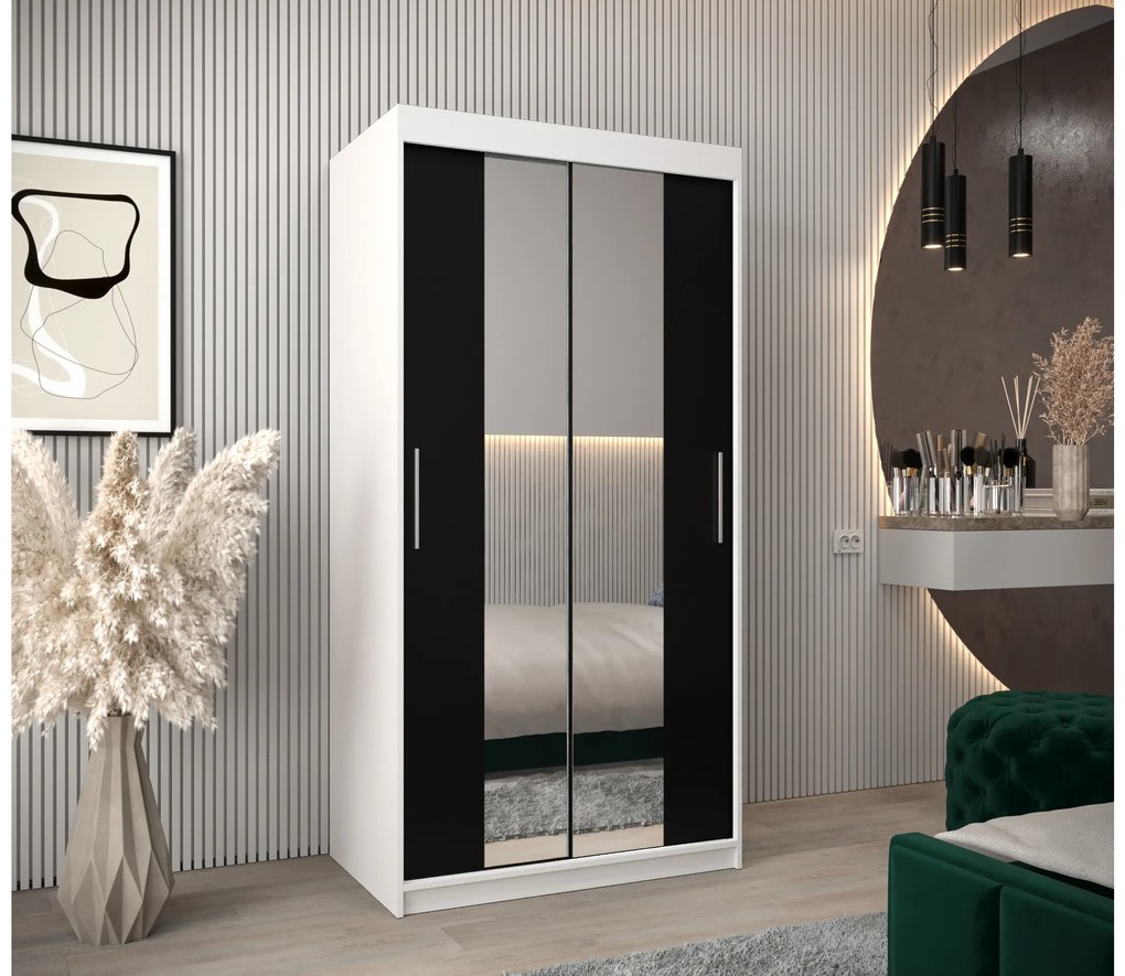 Šatníková skriňa 100 cm Toki 1 (Biela matná + Čierna matná). Akcia -20%. Vlastná spoľahlivá doprava až k Vám domov. 1064874