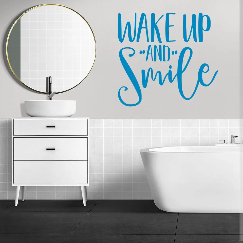 Veselá Stena Samolepka Nápis Wake up and Smile Farba: hnědá, Veľkosť: 40 x 37 cm
