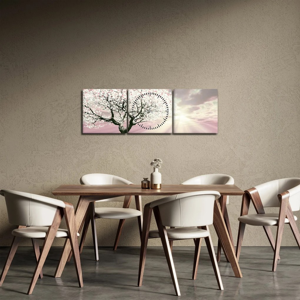 Ružový obraz stromu (s hodinami) (90x30 cm)