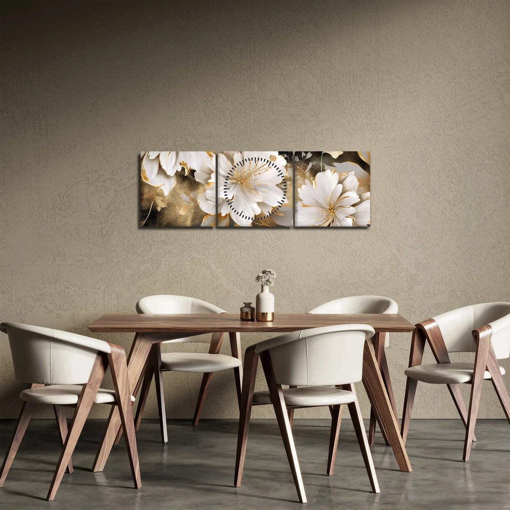 Obraz - Kvety v zlate (s hodinami) (90x30 cm)