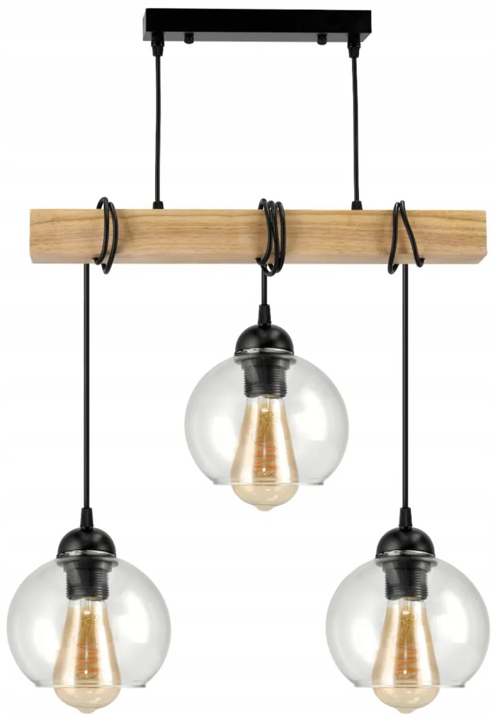 BERGE LED závesné stropné svietidlo, drevený trám, 3xE27, Luster, guľa, bezfarebný