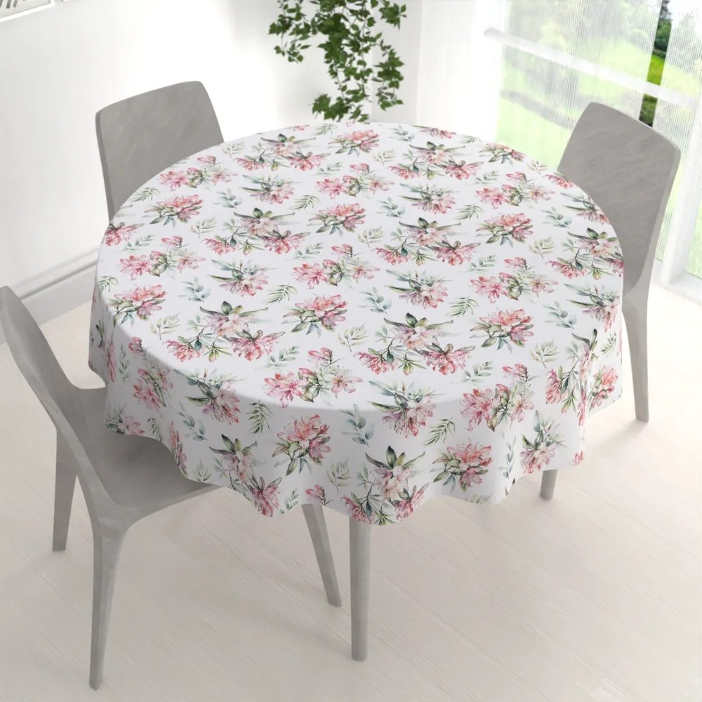 Biante Teflónový okrúhly obrus TF-134 Akvarelové kvety rododendrónu na bielom Ø 80 cm