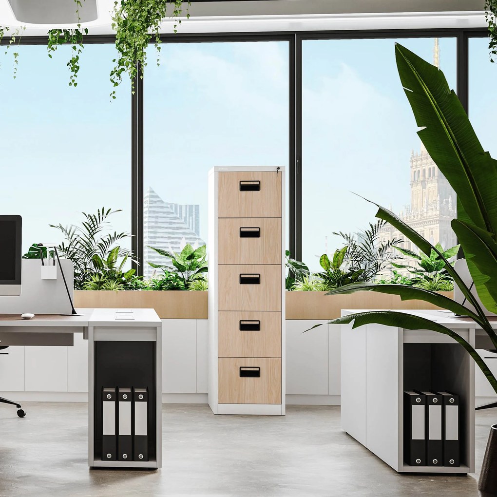 Kovová kartotéka, 5 zásuviek SARA V5, 460 x 1625.5 x 620 mm, Eco Design: biela/ dub sonoma