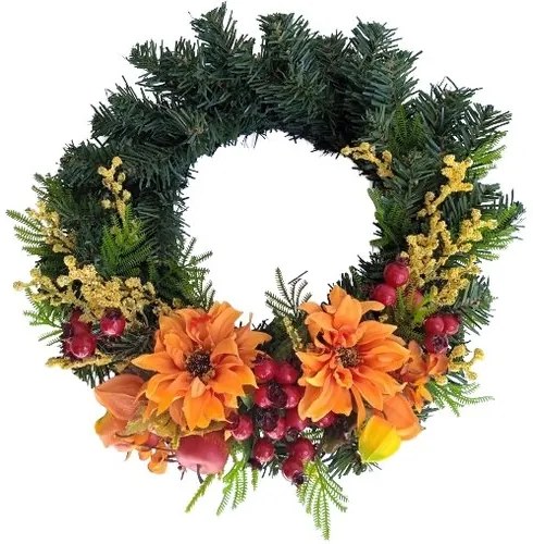 Umelý čečinový veniec Georgíny a šípky, pr. 30 cm