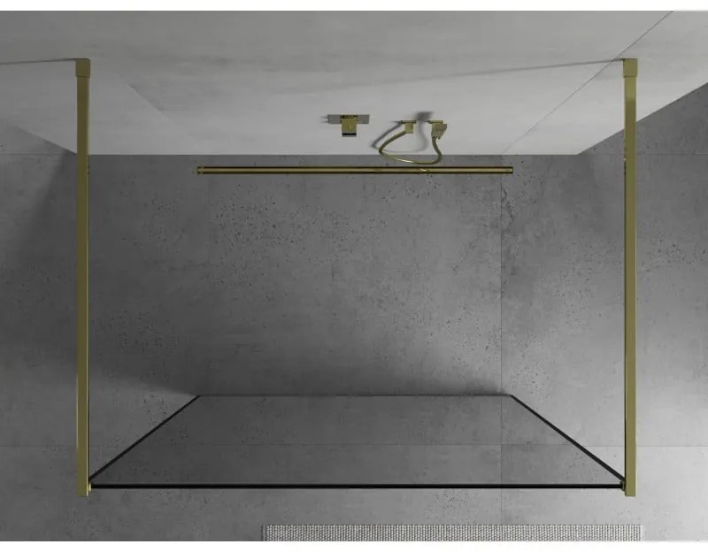 Mexen Kioto, priechodná sprchová zástena 120 x 200 cm, 8mm sklo číre/čierny vzor, zlatý profil, 800-120-002-50-70