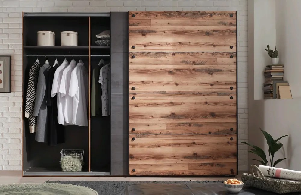 Šatník s posuvnými dverami Dover, 270 cm, zrubová doska / tmavý betón
