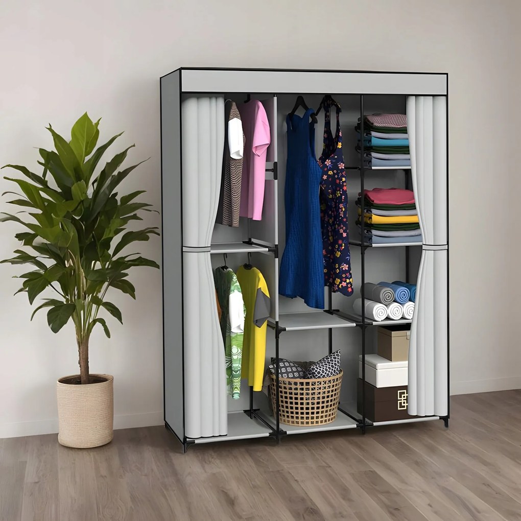 Látková šatníková skriňa s 8 policami CELINA sivá