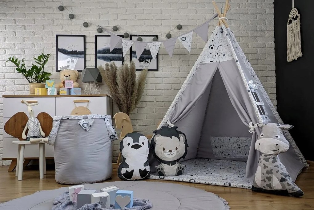 Detský stan TEEPEE (TÝPIE) ANIMALS s doplnkami - MADAGASKAR - šedý