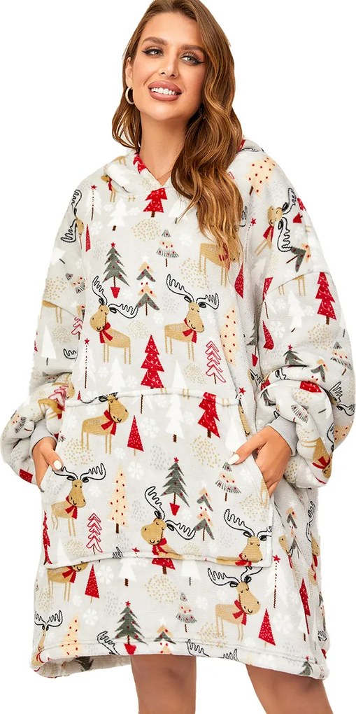 Baránková mikinová deka s rukávmi a kapucňou YULE HUG svetlosivá