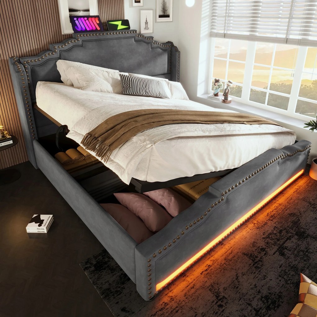 Čalúnená posteľ Usb-c Led dvojlôžková 160x200 sivá matrac