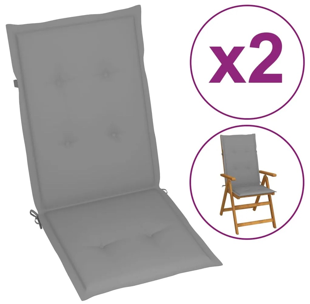 vidaXL Šedé sedáky na záhradné stoličky, 2 ks, 120x50x3 cm