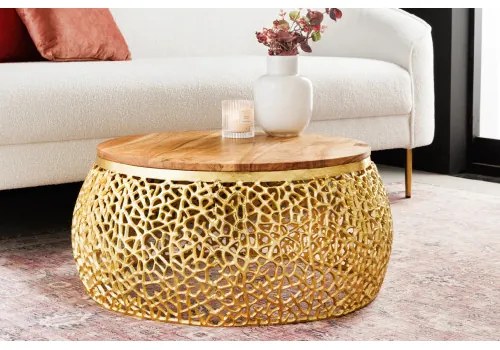 Konferenčný stôl Leaf 43228 Ø75cm Aluminium Gold + Drevo Acacia - Komfort-nábytok