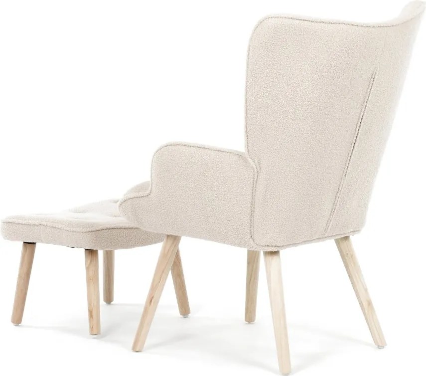 Relaxačné kreslo ušiak ROMEO II + taburet — masívne drevo, látka bouclé, prírodná / krémová